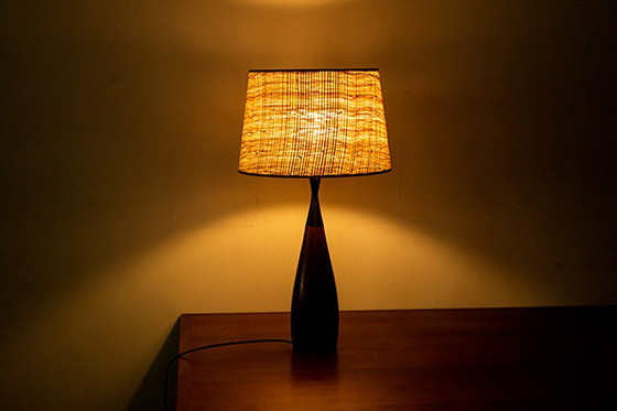 Image 1 of Large Danish keel-shaped table lamp in teak and ebony by Fog & Morup 1960.