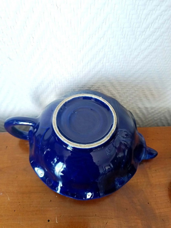 Image 1 of Art Deco blue ceramic teapot with frog