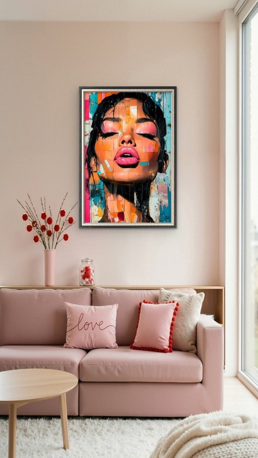 Stampa giclée "Donna con labbra rosa" su alluminio, 60x40 cm.