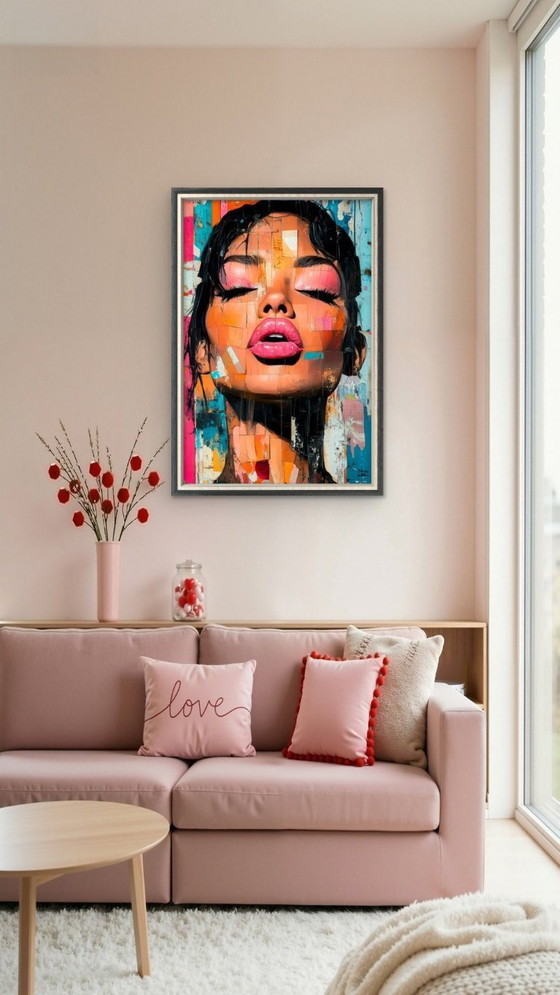 Image 1 of Stampa giclée "Donna con labbra rosa" su alluminio, 60x40 cm.