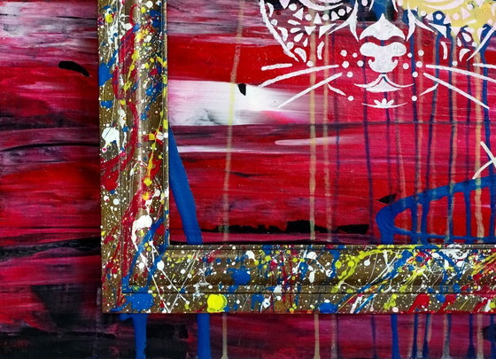 Quadro astratto con motivi di gatti e cani, CB, Dipinti e disegni, Legno, MDF, Rosso, Abstract (foto 4 di 15)