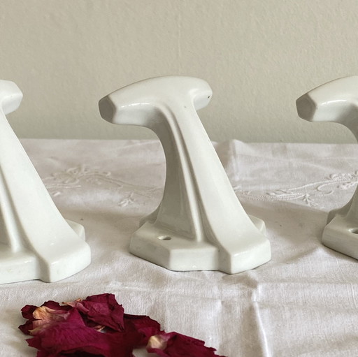 Set of 3 Antique Art Deco Porcelain Ceramic Towel Hangers Coat Hanger Wall Hangers