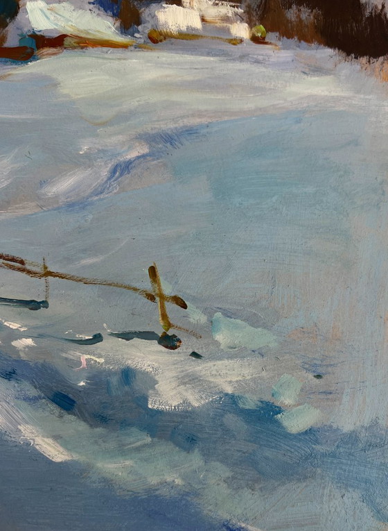 Image 1 of Original Oil Painting Winter Village Landscape Along the snowy path