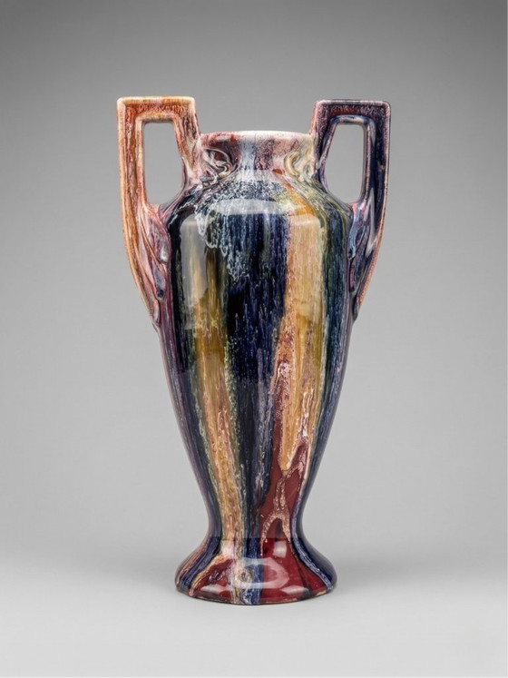 Image 1 of Grote Elgé vaas – Frans kunstkeramiek – Art Deco handgrepen – polychroom geflambeerd glazuur – 32 cm