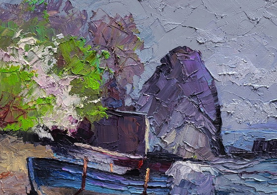 Original Oil Painting Seashore Rocks Boat On The Shore Calm Of A Sea Morning – Paintings & Drawings, Canvas (photo 4 of 7)