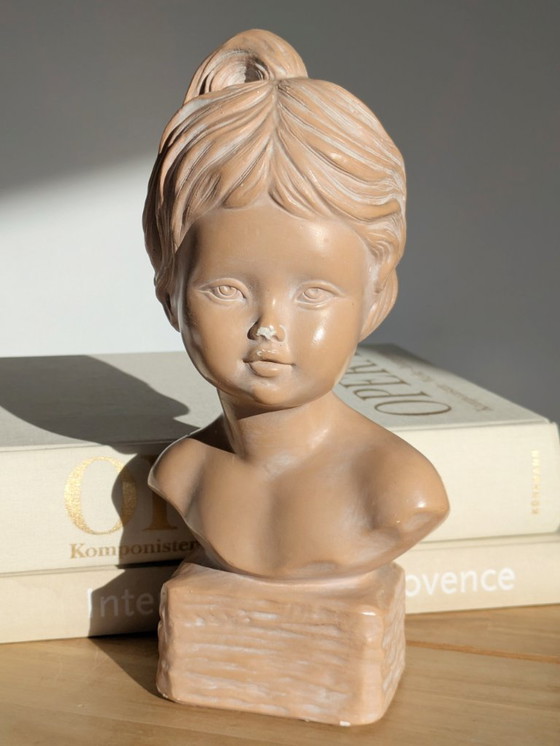 Image 1 of Vintage Young Girl Bust on Pedestal, After Salvatore Melani, Glazed Plaster Terracotta Patina, Signed
