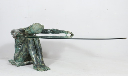 Skulpturaler Beistelltisch/Coffee Table mit Frauenakt Skulptur, Bronze, Frankreich, 1980er Jahre