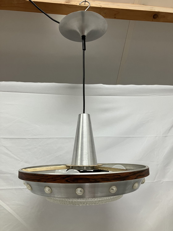 Image 1 of Lampada a sospensione ufo dell'era spaziale vintage in alluminio spazzolato