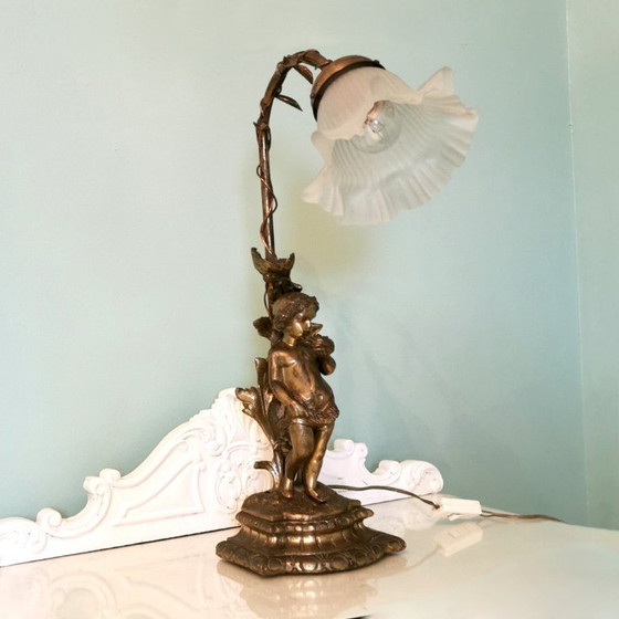 Image 1 of ANTIQUE BRONZE LAMP WITH ANGEL