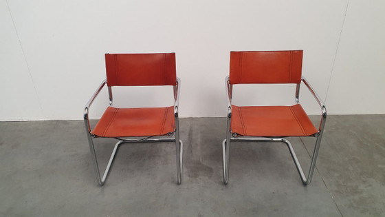 Image 1 of Fasem Italy 70s vintage chairs cognac harness leather, Mart Stam Breuer