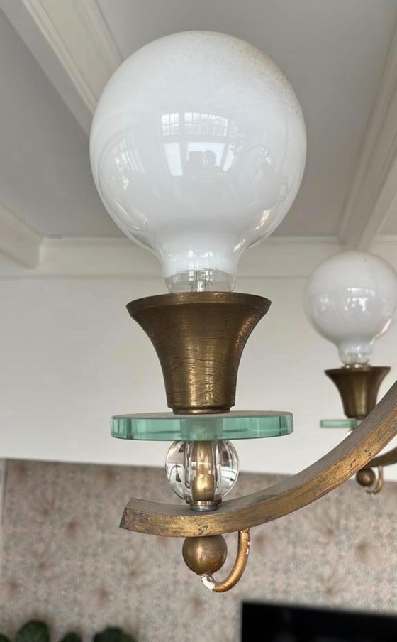 Image 1 of Beautiful large Art Deco chandelier (6-arms) - 1930s - Brass & Glass