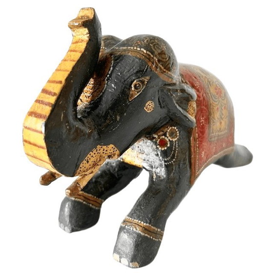 Image 1 of Vintage, handgeschnitzter, dekorativer Holzelefant im Rajasthani-Stil, handbemalt, 1960er Jahre