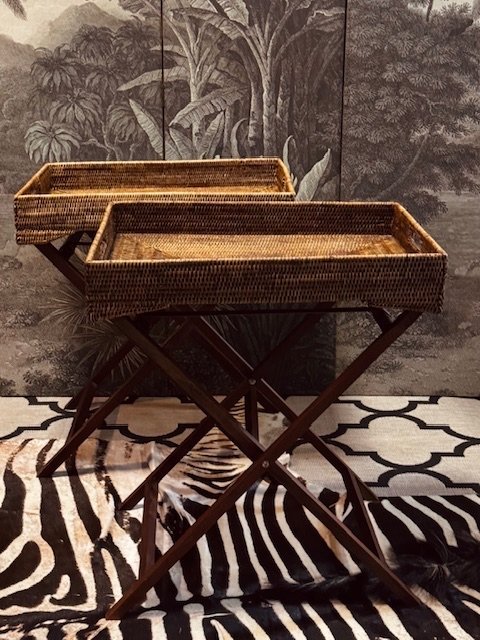 2 FOLDING BIRMA RATTAN SIDE TABLES STYLE BUTLERTRAY FLAMANT