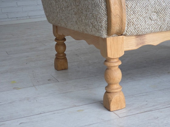Image 1 of Deense fauteuil met hoge rugleuning uit de jaren 70, bekleed met meubelwol en gemaakt van massief eikenhout.