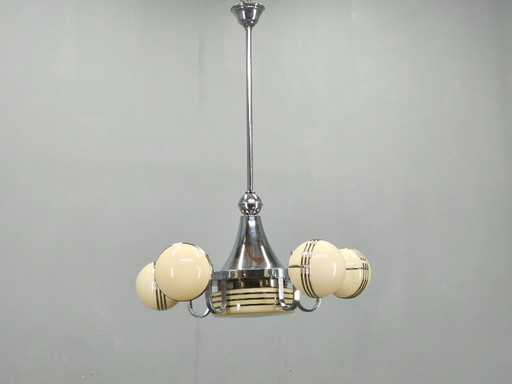 Art Deco kroonluchter van chroom en glas, 5 bollen, jaren 1930