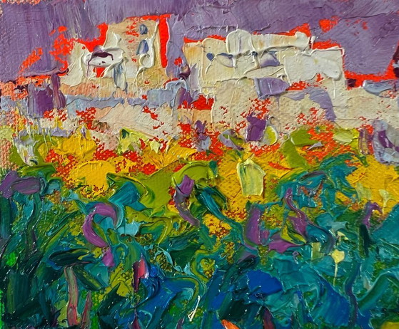 Image 1 of Original Oil Painting Summer Houses Landscape On A Walk In The City
