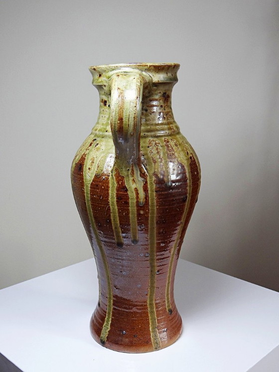 Image 1 of Impressive French stoneware pitcher from the 1960s-70s with a Japanese-inspired ash glaze