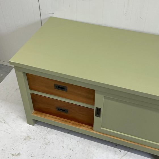 Image 1 of Restyle massief teakhout TVkast meubel dressoir olijfgroen