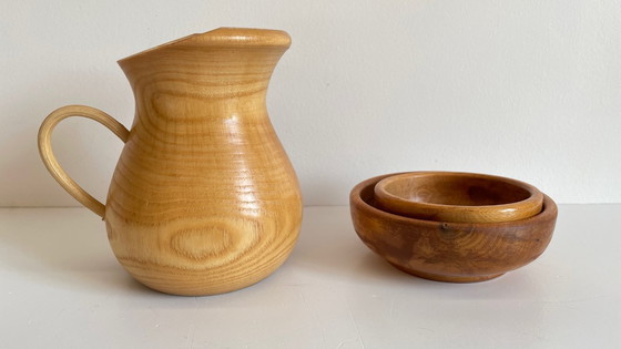 Image 1 of Set of 2 POTS and PICHET in VINTAGE Turned Wood