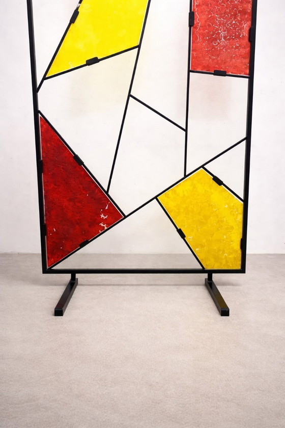 Image 1 of Mid-Century Modern Geometric Room Divider with Textured Colored Glass, 1970s–1980s