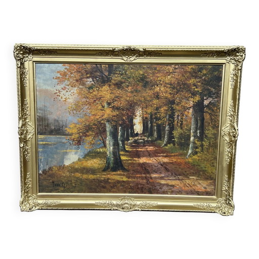 Herfstlandschap. Olieverf op doek. – schilderijen tekeningen, Canvas