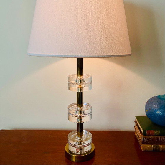 Image 1 of Carl Fagerlund for Orrefors – 6-Ring Crystal & Brass Table Lamp – Swedish Mid-Century Lighting