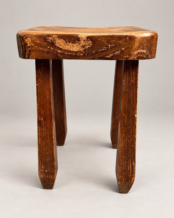 French Rustic Sculptural Wooden Stool, Primitive Wabi-Sabi Furniture, Brown (photo 2 of 6)
