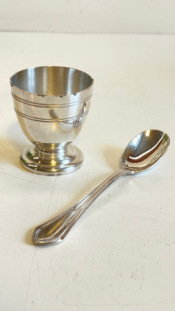 Image 1 of Vintage Silver-Plated Metal Egg Cup and Spoon for Birth