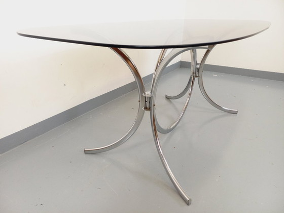 Image 1 of Table à manger rectangulaire arrondie vintage en verre fumé et métal chromé style Space Age des années 70