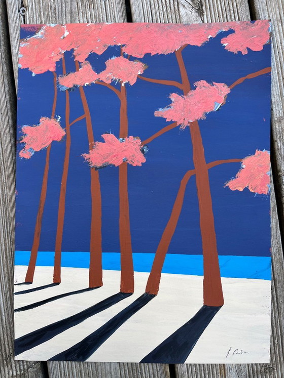 Painting by Frédéric Cadiou, pink trees on blue background, Paintings & Drawings, Canvas, Other, Abstract (photo 5 of 5)