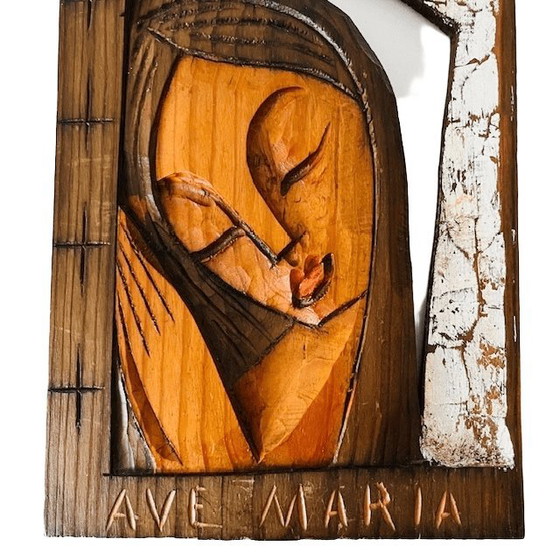 Image 1 of Targa da parete in legno raffigurante la Vergine Maria, intagliata a mano, decorazione da parete, anni '70