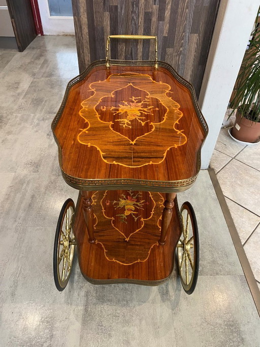Servant trolley 3 wheels 2 trays marquetry bar vintage 1950 on wheels