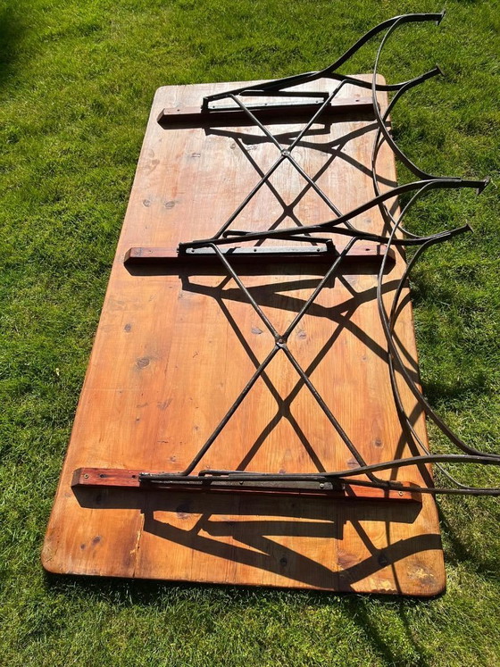 Image 1 of Set Art Nouveau tuinmeubelen in hout en smeedijzer - tafel en 6 stoelen