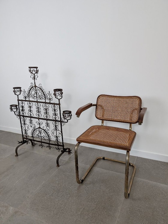 Image 1 of Candelabro de hierro forjado para chimenea, estilo español, Artes y Oficios, década de 1880