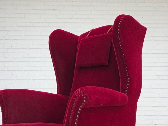 Image 1 of 1960s, Danish highback wingback armchair, cherry-red furniture velour.