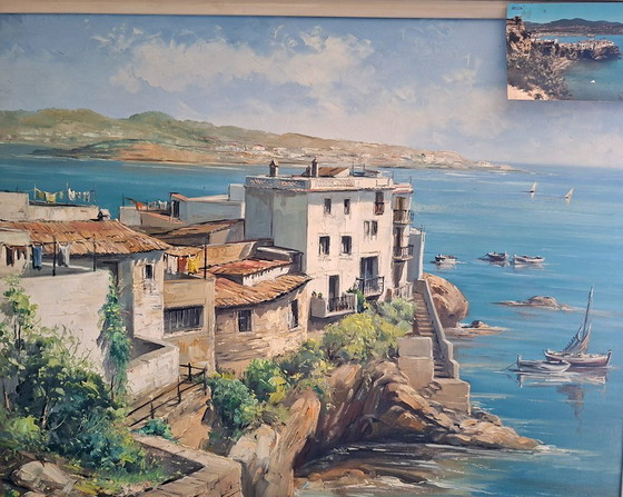Image 1 of V. Berbegal. Oil on canvas painting + Ibiza postcard, artist reference - ca. 1980. Decoration