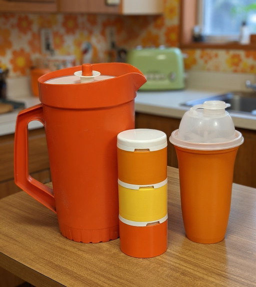 Ensemble de 3 pièces Tupperware vintage : pichet à jus, shaker et tour à épices