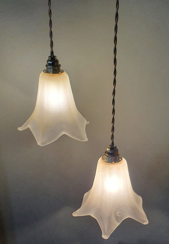 Image 1 of Set di 2 lampade a sospensione vintage in vetro di Murano a forma di calice