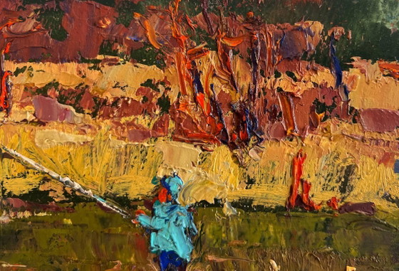 Image 1 of Original Oil Painting Autumn River Landscape The Lonely Fisherman