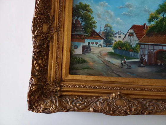 Image 1 of ORIGINAL Ölgemälde auf Holzplatte inkl. Rahmen | Fachwerkhäuser/Dorf | Signiert
