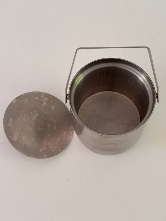 Image 1 of Seau à Glace Fufal Danemark Années 70 Inox Brossé Couvercle Massif Design Scandinave Vintage