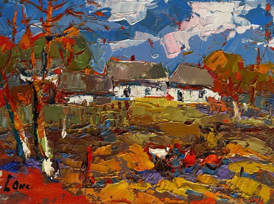 Image 1 of Original Oil Painting Autumn Village Landscape Autumn golden time