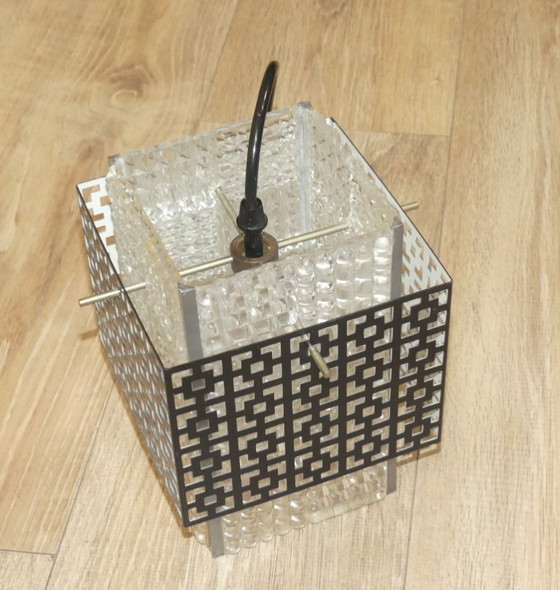 Image 1 of Delicate 1960s/70s pendant lamp, hallway light, grid cube design, black metal pendant light, kitchen lamp