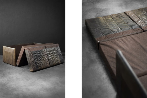 Image 1 of Vintage Mid-Century Modern German Brutalist 2-Seater Brown Leather Bed Sofa, 1970s