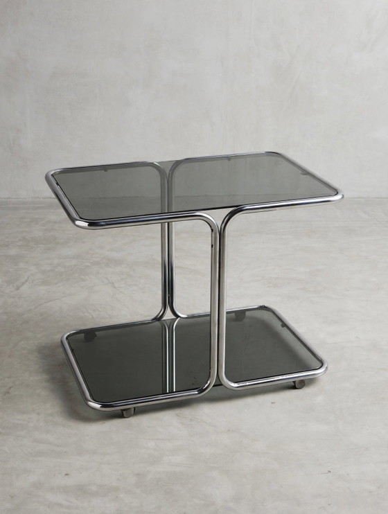 Vintage Side Table Trolley With Smoked Glass and Chrome on Wheels, 1970s - Space Age – Bar carts, Metal (photo 3 of 9)