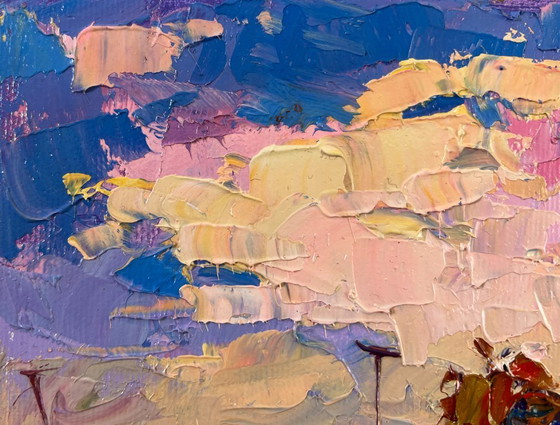Image 1 of Original Oil Painting Sunset Field Landscape Evening pink clouds