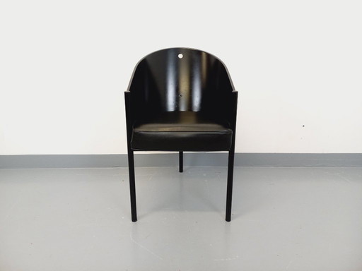 Sillón Costes de Philippe Starck Vintage en madera, metal y cuero negro de los años 80