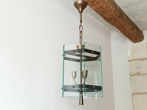 Vintage hanglamp uit de jaren 50 van glas en messing in rockabilly-stijl