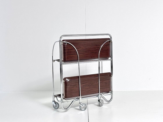 Desserte Bremshey Dinett, pliable, chrome et aspect bois foncé, Mid-Century, Argenté, Vintage (photo 6 sur 15)