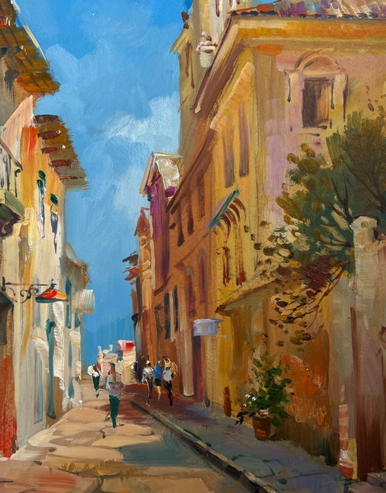 Image 1 of Pintura al óleo original Paisaje urbano diurno Antiguo callejón de la ciudad